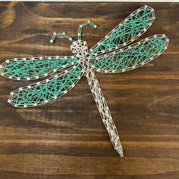 Dragonfly String Art Complete on Dark Stained Wood 11.5" x 12" - Picture 1 of 7
